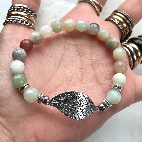 Silverskylight Jewelry - Leaf amazonite bracelet . Faceted amazonite gemstones beads silver leaf charm